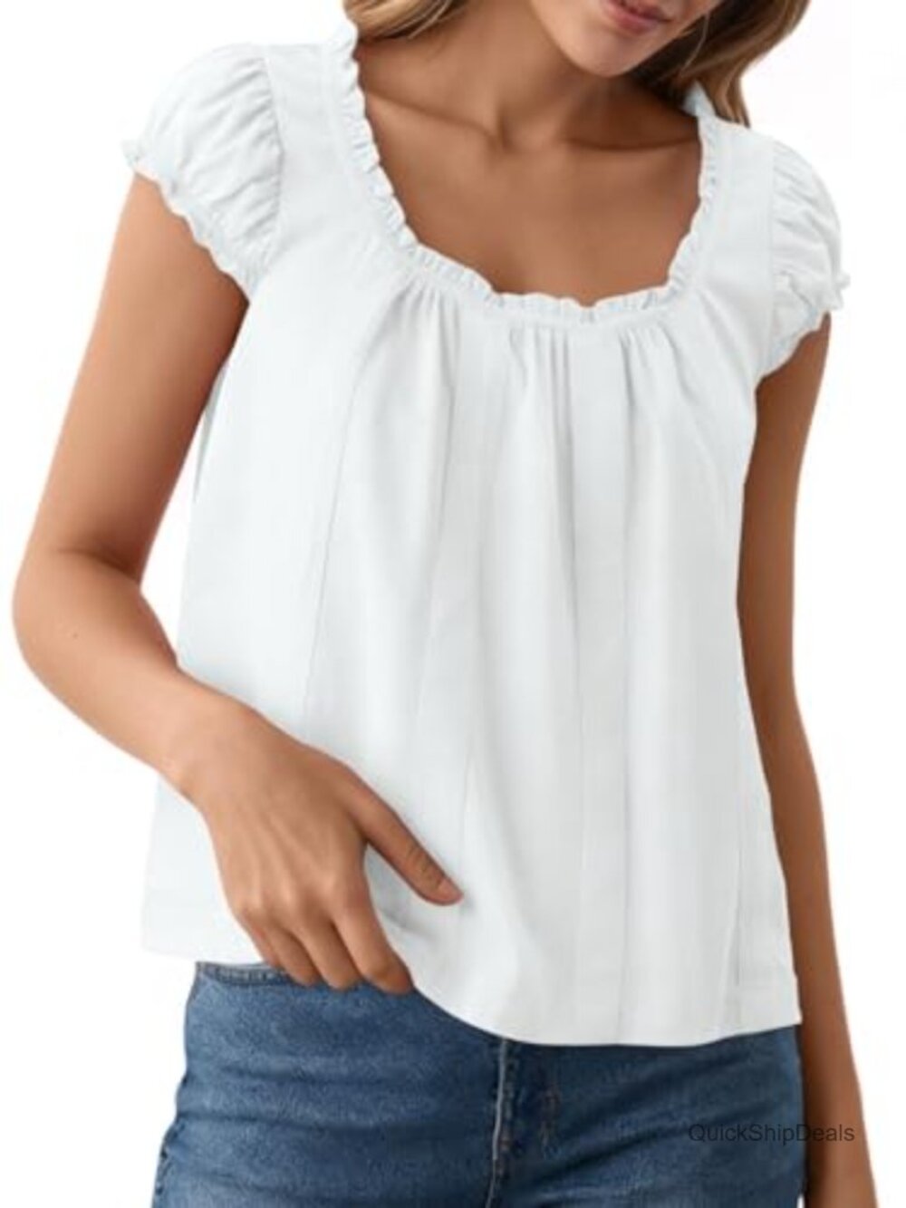 Womens Babydoll Tank Top Cap Puff Sleeve Ruffle Scoop Neck Flowy Summer Top